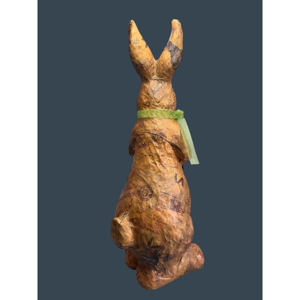 Vintage Decoupage Paper Mache Bunny Rabbit Postcard Print Green Bow 16" - Picture 7 of 12
